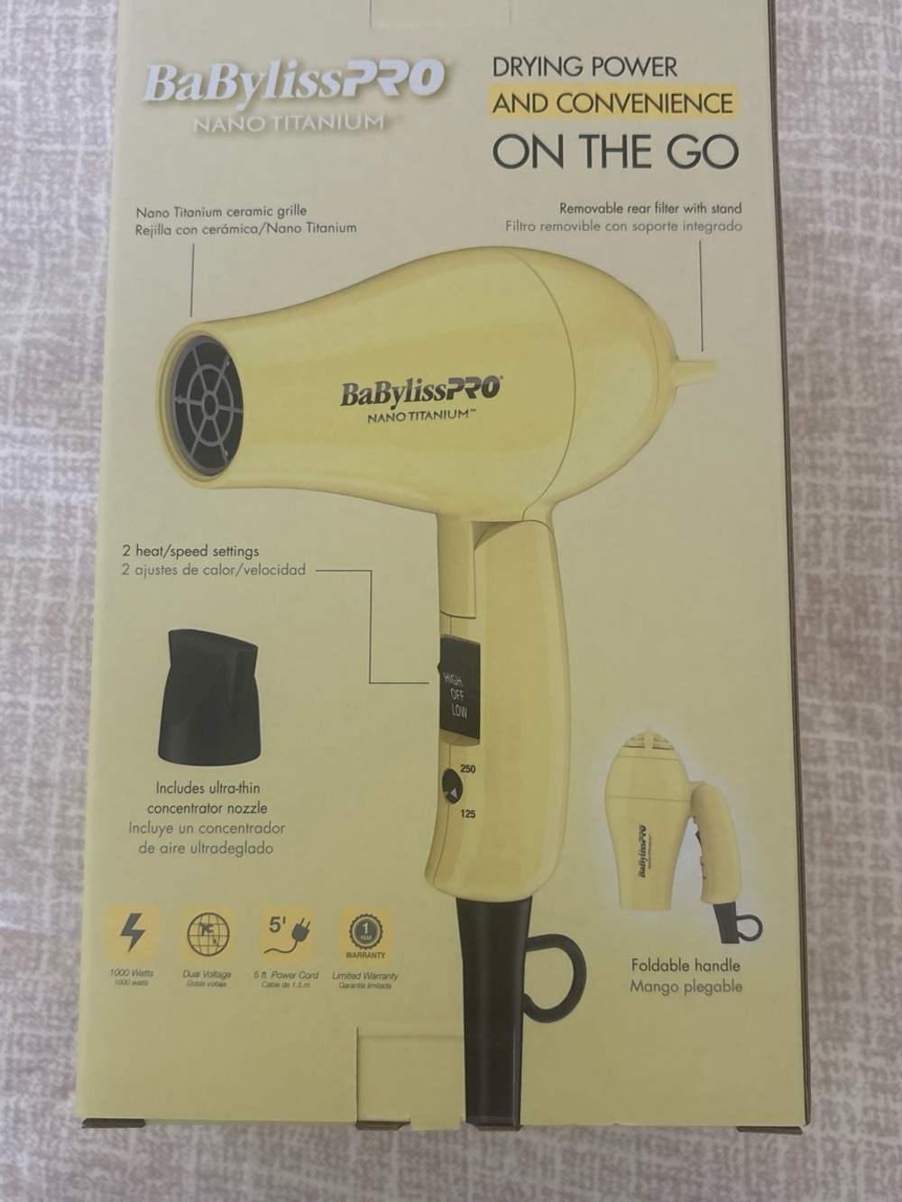 BaByliss Folding Travel Hair Dryer - Lemon Yellow